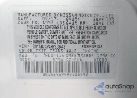 2017 Nissan Sentra Sv from USA, damaged, VIN 3N1AB7AP4HY308442